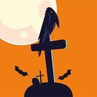 dessin animé de corbeau halloween sur la conception de vecteur de tombe