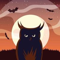 caricature de hibou halloween devant la conception de vecteur de lune