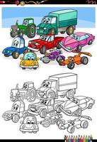 dessin animé, voitures, et, véhicules, livre coloration, page vecteur