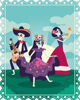 Carte de dia de los muertos avec crânes de mariachi et de catrina vecteur