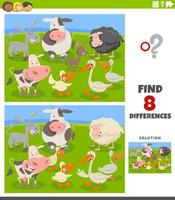 jeu éducatif de différences avec des animaux de la ferme de dessin animé vecteur