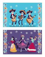 carte dia de los muertos avec mariachis et catrina skuls vecteur