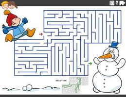 jeu éducatif labyrinthe avec garçon et bonhomme de neige vecteur