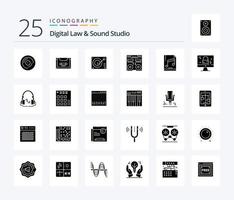 pack d'icônes de 25 glyphes solides de la loi numérique et du studio sonore, y compris le pont. CD. compact. enregistrer. phonographe vecteur