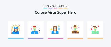 pack d'icônes plat 5 super héros du virus corona, y compris le mâle. médecin. médecin. militaire. la défense. conception d'icônes créatives vecteur