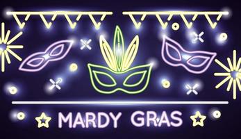 affiche de célébration mardi grass avec néons et masques vecteur