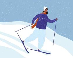jeune femme afro portant des vêtements d'hiver et ski vecteur