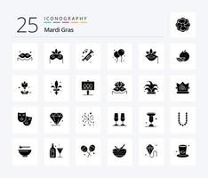 mardi gras 25 pack d'icônes de glyphes solides comprenant de la nourriture. printemps. bloon. rose. fleur vecteur