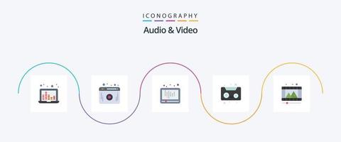 pack d'icônes audio et vidéo plat 5, y compris la vidéo. jouer. médias. cassette. cassette audio vecteur