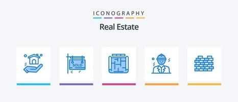 pack d'icônes immobilier bleu 5 comprenant l'immobilier. construction. plan. construction. bâtiment. conception d'icônes créatives vecteur