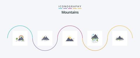pack d'icônes plates 5 de montagnes, y compris l'arbre. soleil. paysage. montagne. paysage vecteur