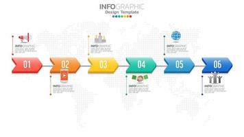 infographie élément de couleur 6 étapes avec flèche, diagramme graphique, concept de marketing en ligne entreprise. vecteur