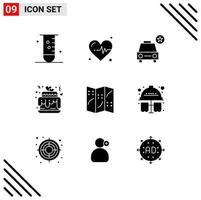 pack de glyphes solides de 9 symboles universels de navigation voiture de mariage coeurs d'amour éléments de conception vectoriels modifiables vecteur