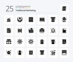 pack d'icônes de 25 glyphes solides de marketing traditionnel, y compris le code-barres. téléphone. Courriel. appels. vidéo vecteur