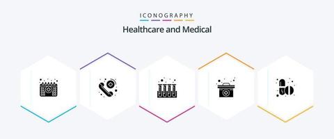 pack d'icônes médicales de 25 glyphes comprenant des pilules. médecine. sang. cas médical. cas vecteur