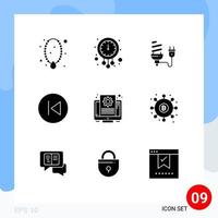 interface mobile glyphe solide ensemble de 9 pictogrammes de flèche gauche temps de prise ampoule éléments de conception vectoriels modifiables électriques vecteur