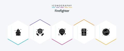 pack d'icônes de pompier 25 glyphes, y compris le feu. évacuer. protection. s'échapper. emplacement vecteur