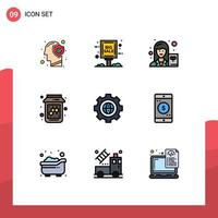 interface mobile fillline plat couleur ensemble de 9 pictogrammes de roue dentée confiture vente publicité fruits écrivain éléments de conception vectoriels modifiables vecteur