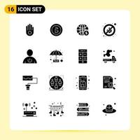 16 glyphes solides universels pour les applications web et mobiles body place world no business editable vector design elements