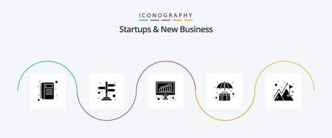 startups et nouveau pack d'icônes de glyphe d'entreprise 5, y compris l'objectif. assurance. analyse. cas. sac vecteur