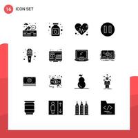 16 concept de glyphe solide pour les sites Web mobiles et applications nouvelles créatives amour microphone pause éléments de conception vectoriels modifiables vecteur