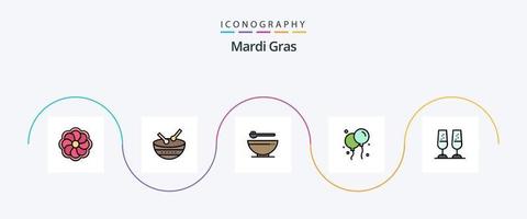 ligne de mardi gras remplie de 5 icônes plates, y compris le grillage. verres à champagne. nourriture. fête. voler vecteur