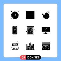 pack de glyphes solides de 9 symboles universels d'éléments de conception vectoriels modifiables de ménage android moins téléphone mobile vecteur