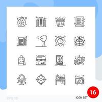 ensemble de pictogrammes de 16 contours simples d'éléments de conception vectoriels modifiables de muffin d'examen de ville d'enquête d'écriture vecteur