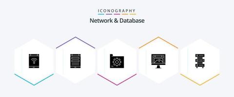 réseau et base de données pack d'icônes de 25 glyphes, y compris la conception. application. téléphone intelligent. déposer. base de données vecteur