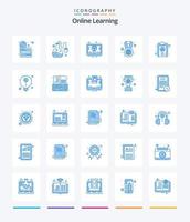 pack d'icônes bleues d'apprentissage en ligne créatif 25 tel qu'un fichier. médaille. ampoule. monde. globe vecteur