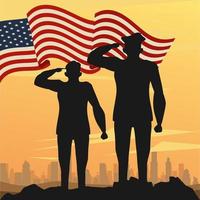 Silhouettes d'officier militaire avec scène de coucher de soleil drapeau usa vecteur