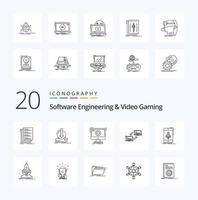 20 pack d'icônes de ligne d'ingénierie logicielle et de jeux vidéo comme le lien de synchronisation de téléchargement du jeu de démarrage vecteur