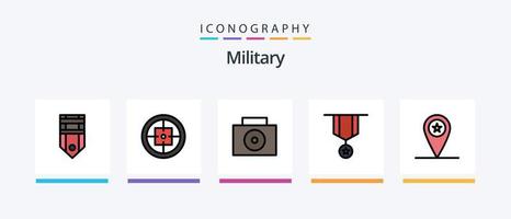 ligne militaire remplie de 5 packs d'icônes comprenant un soldat. badge. tube. armée. étiqueter. conception d'icônes créatives vecteur