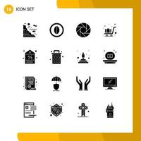 interface mobile glyphe solide ensemble de 16 pictogrammes d'éléments de conception vectoriels éditables multimédia de bagage de nourriture de chariot de prix vecteur