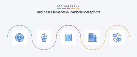 éléments commerciaux et métaphores de symboles pack d'icônes bleu 5, y compris le siège social. bureau. pot. bâtiment. serrure vecteur