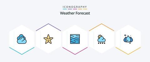 pack d'icônes météo 25 fillline, y compris pluvieux. temps. rivière. soleil. prévision vecteur