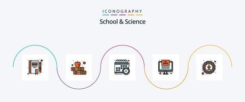 pack d'icônes à plat rempli de 5 lignes scolaires et scientifiques, y compris la nature. calendrier. formule. moniteur vecteur