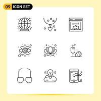 contour de l'interface mobile ensemble de 9 pictogrammes d'éléments de conception vectoriels modifiables de gestion de lotus de réglage de la nature en verre vecteur