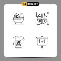 ensemble moderne de 4 pictogrammes de couleurs plates remplies d'éléments de conception vectoriels modifiables en ligne de carte de bol mobile à base de plantes vecteur