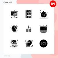 interface mobile glyphe solide ensemble de 9 pictogrammes de transfert pensant esprit de vacances éléments de conception vectoriels modifiables sains vecteur