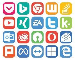 20 pack d'icônes de médias sociaux, y compris outlook tweet youtube twitter ea vecteur