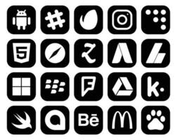 pack de 20 icônes de médias sociaux comprenant des publicités pour le navigateur kik foursquare blackberry vecteur