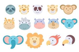 ensemble de visages d'animaux mignons. personnages dessinés à la main. lion, girafe, éléphant, tortue, zèbre, perroquet, hippopotame, singe, paresseux, rhinocéros, panda, tigre, panda, toucan. têtes d'animaux sauvages vecteur