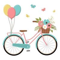 vélo turquoise de printemps dessiné à la main avec des fleurs dans un panier, des papillons et des ballons. isolé sur fond blanc. illustration vectorielle. vélo rétro avec des fleurs colorées dans un panier.