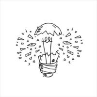 ampoule éclatée. fissure dans l'ampoule. esquissez des éclats de verre. concept d'idée et solution de problème. doodle lumière électrique dessinée. vecteur