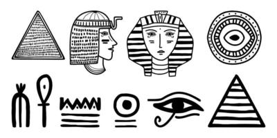 icône ethnique égyptienne art tribal. Egypte croquis dessin animé main silhouettes noires dessinées isolés sur fond blanc vecteur