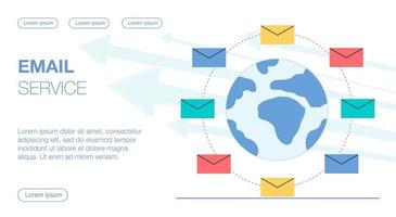 synchronisation des échanges de courrier électronique avec le service de messagerie emailservice au centre de la planète terre vecteur illustration plate