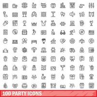 Ensemble de 100 icônes de fête, style de contour vecteur
