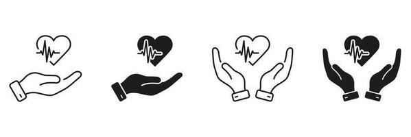 silhouette de traitement cardiaque et ensemble de pictogrammes de ligne. aide d'urgence et diagnostic. les mains humaines tiennent le concept de symbole de soutien émotionnel du cœur. icône de cardiogramme. illustration vectorielle isolée.