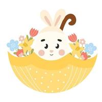 mignon personnage d'oeuf de pâques avec des oreilles de lapin dans un parapluie jaune avec des fleurs vecteur